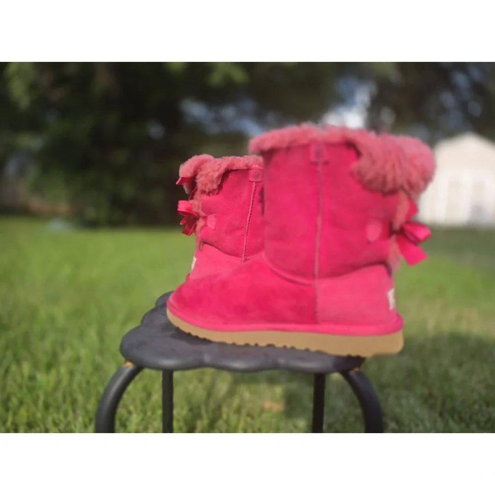 UGG Kids Bailey Bow II Pink Suede Shearling Boots Girls